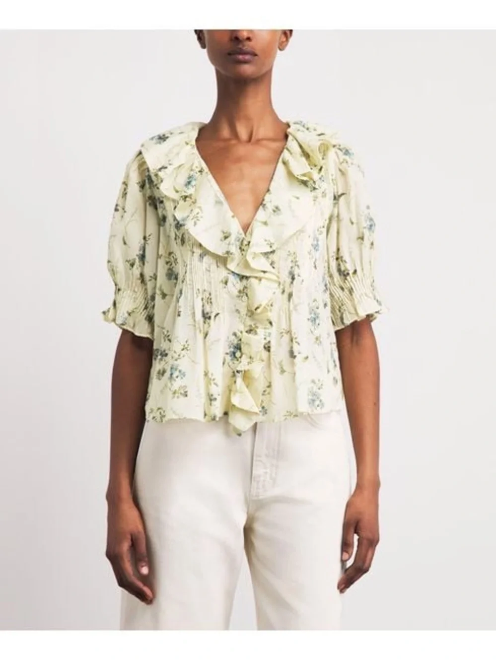 Doen Cream Floral Ruffle Blouse with Blue & Green Accents